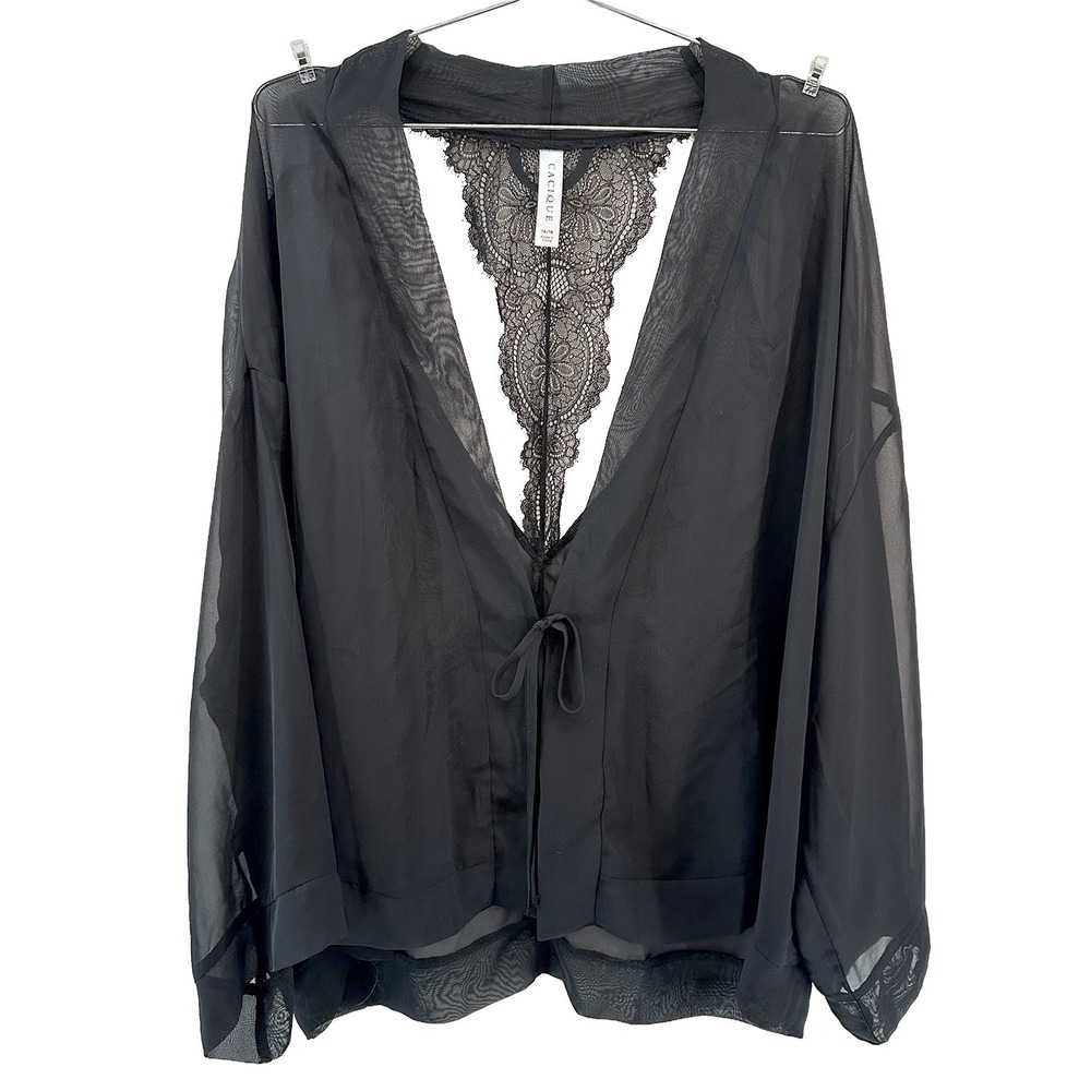 CACIQUE Sheer Lingerie Coverup Robe with Lace Open Back • 14 / 16 • black